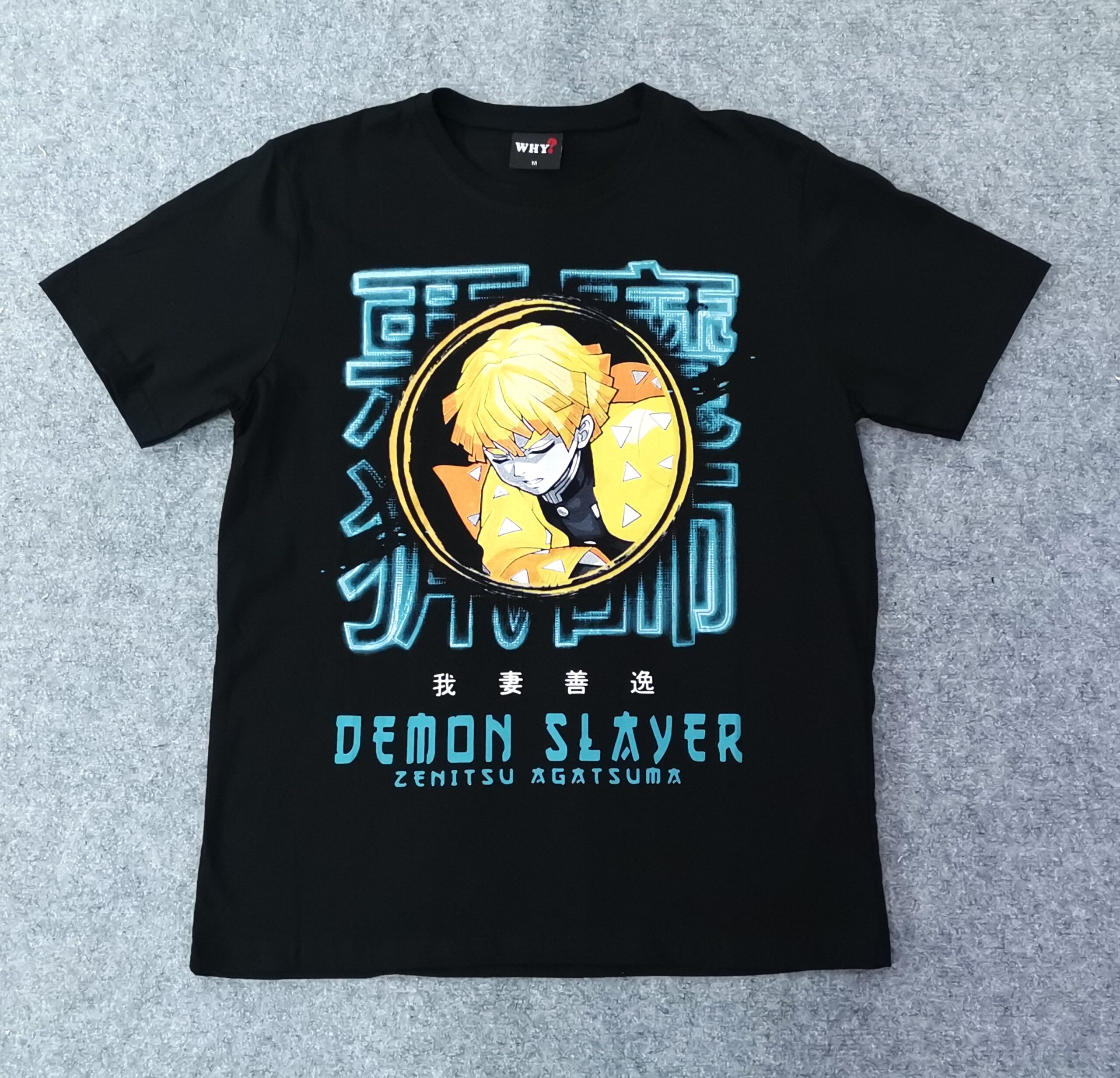 Черна памучна тениска Demon Slayer с принт на Zenitsu Agatsuma в ярки цветове