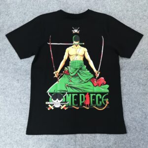 Черна памучна тениска One Piece с двустранен принт на Roronoa Zoro с три меча.