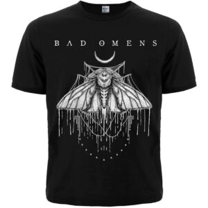 Черна метъл тениска Bad Omens с детайлна бяла щампа на молец и полумесец