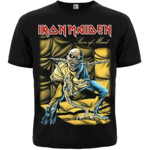 Черна мъжка метъл тениска Iron Maiden с цветна щампа на Еди в усмирителна риза от албума Piece of Mind