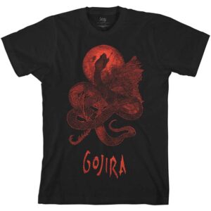 Черна тениска на Gojira с червена змия и луна