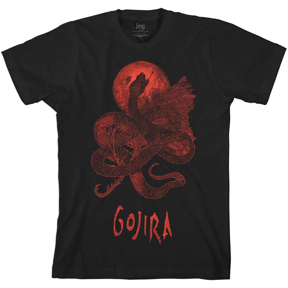 Черна тениска на Gojira с червена змия и луна