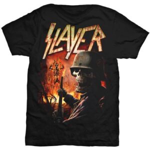 Метъл тениска Slayer Skeleton Soldier & Hellfire със скелет и войнишки шлем