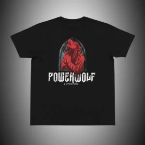 Висококачествена черна метъл тениска на Powerwolf с графичен дизайн