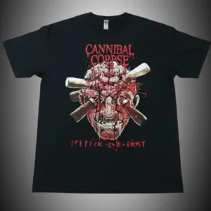 Черна метъл тениска Cannibal Corpse с брутална щампа на череп и ледокопи