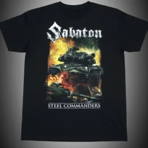 Черна метъл тениска Sabaton с щампа на танк и лого Steel Commanders