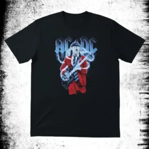 черна рок тениска AC/DC с Angus Young и сини светкавици