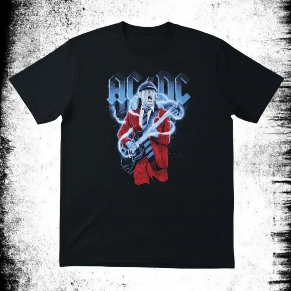 черна рок тениска AC/DC с Angus Young и сини светкавици