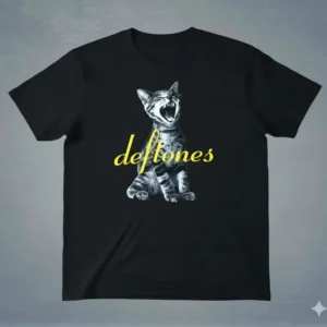черна метъл тениска Deftones Adrenaline Cat с котка и жълто лого