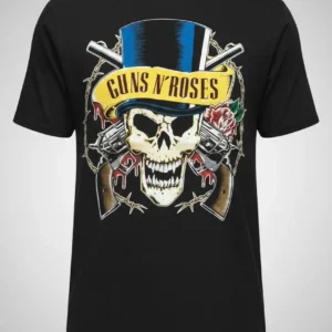 черна рок тениска Guns N' Roses с череп с цилиндър и револвери