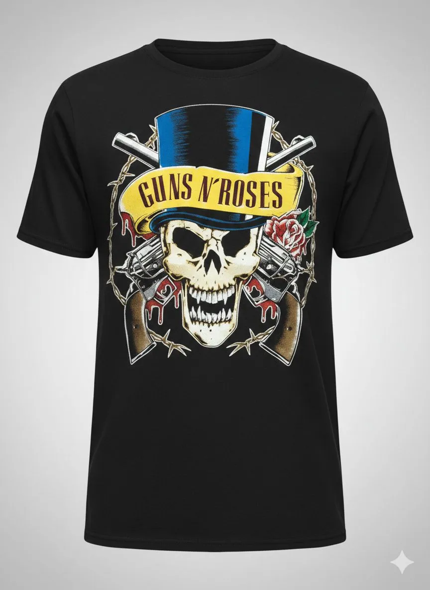 черна рок тениска Guns N' Roses с череп с цилиндър и револвери