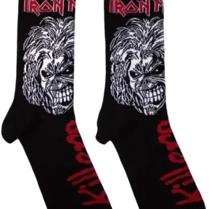 Чифт черни метъл чорапи Iron Maiden Killers с голям лик на Еди и червени надписи