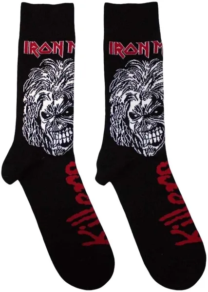 Чифт черни метъл чорапи Iron Maiden Killers с голям лик на Еди и червени надписи