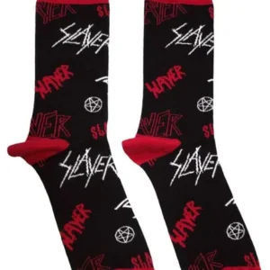 Чифт черни траш метъл чорапи Slayer с лога и пентаграми и червени пет
