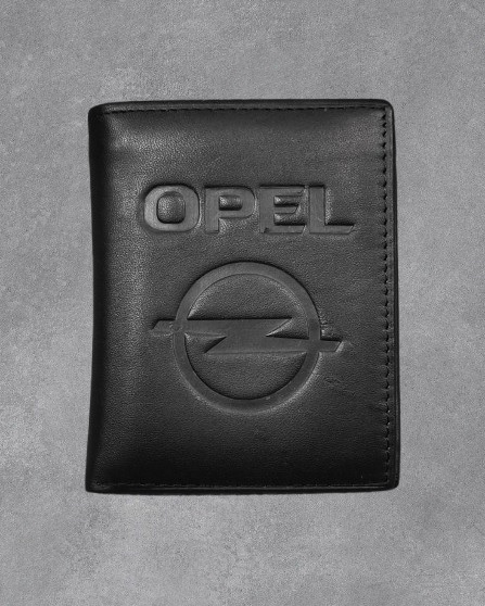 Черно мъжко портмоне от естествена кожа с Opel и релефно лого светкавица
