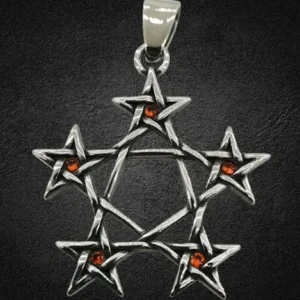 Готически медальон пентаграма от пет звезди с червени камъни от медицинска стомана