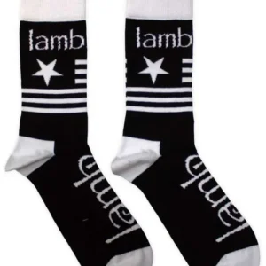Черно-бели метъл чорапи Lamb of God с бели пети и ластици разположени на бял фон
