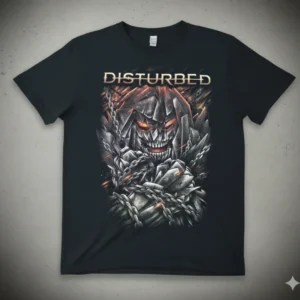 черна метъл тениска Disturbed с талисмана в окови и огън