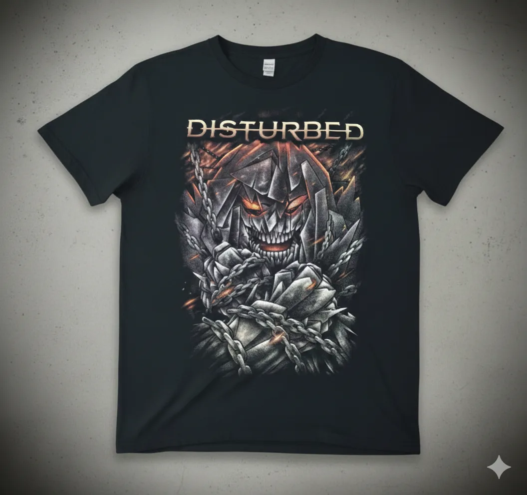 черна метъл тениска Disturbed с талисмана в окови и огън