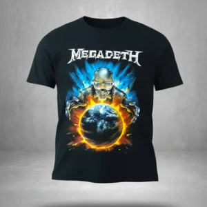 Черна метъл тениска Megadeth - The World Needs a Hero с Vic Rattlehead върху планетата Земя