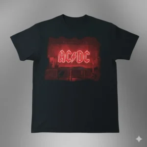 черна рок тениска AC/DC Power Up с червено неоново лого