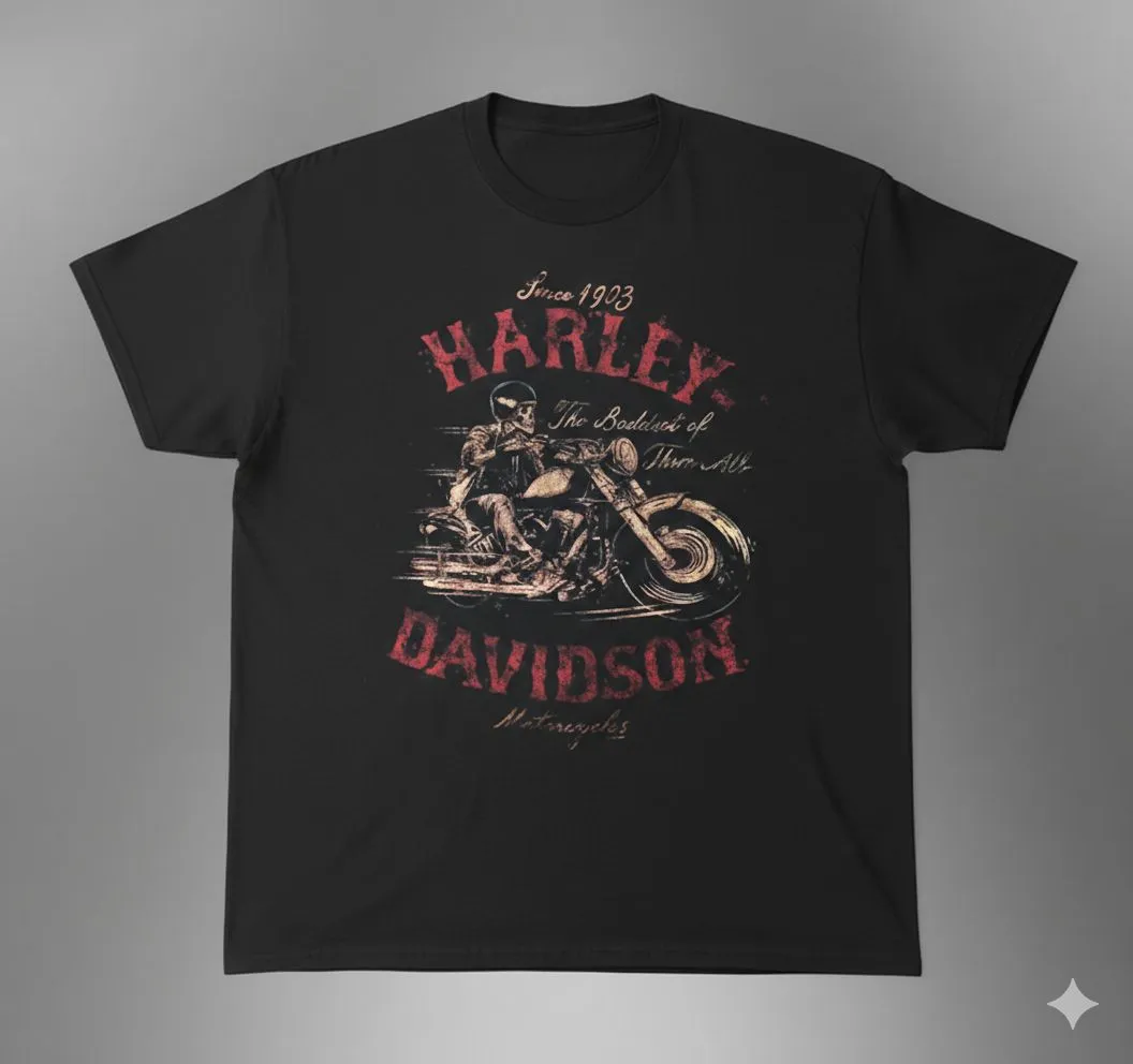 черна метъл тениска Harley-Davidson със скелет на мотор