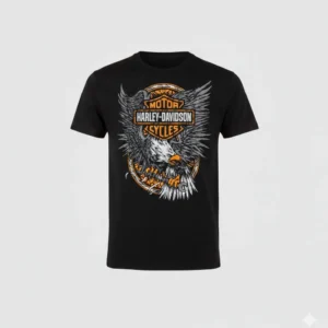 черна метъл тениска Harley-Davidson с орел и оранжево лого