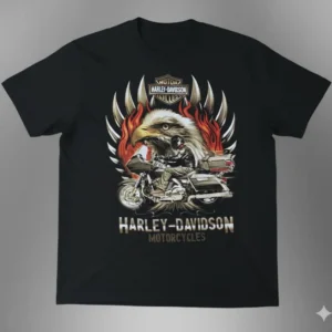 черна метъл тениска Harley-Davidson с орел и мотоциклетист в пламъци