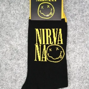 Черни памучни чорапи Nirvana с жълто лого и емотикон - Hover Image