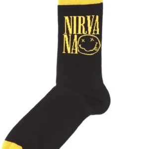 Черни памучни чорапи Nirvana с жълто лого Smiley и жълти пети
