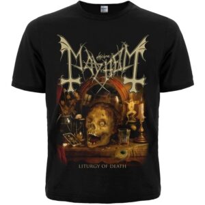 Черна метъл тениска Mayhem с голяма щампа Liturgy of Death и череп на предната част