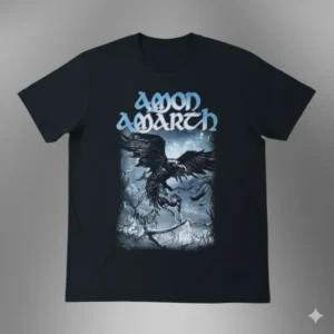 Лице на черна метал тениска Amon Amarth Raven със син гарван в полет