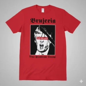 Лице на червена памучна тениска Brujeria Viva Presidente Trump с графичен ситопечат