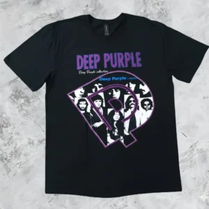 Лице на черна тениска Deep Purple с лилаво лого и колаж на групата