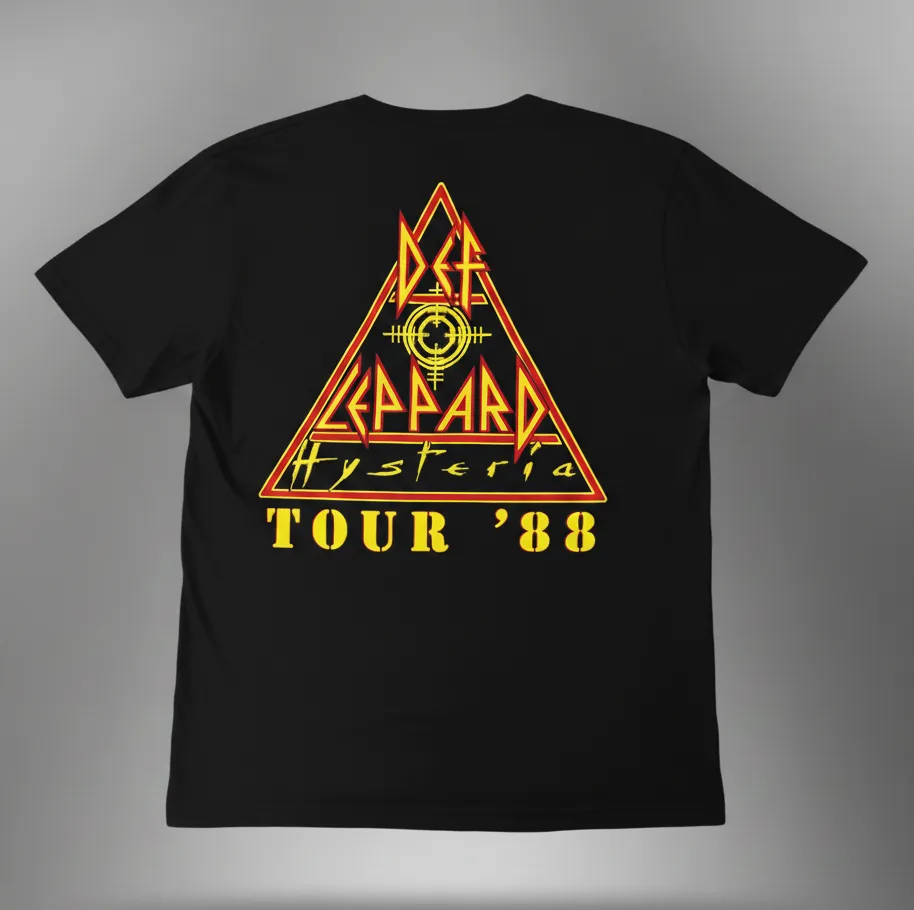 Гръб на черна рок тениска Def Leppard Hysteria Tour '88 с триъгълно лого