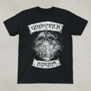 черна метъл тениска Godsmack с голям бял череп и надпис Boston