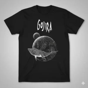 черна метъл тениска Gojira с летящ кит и планета