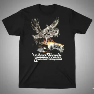 черна метъл тениска Judas Priest Invincible Shield с войн и огнен щит