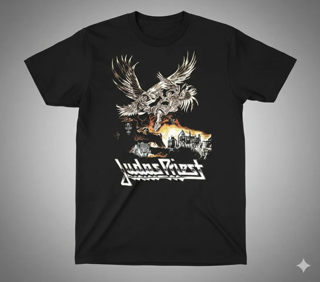 черна метъл тениска Judas Priest Invincible Shield с войн и огнен щит