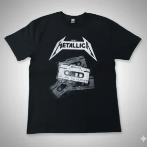 Лице на черна памучна тениска Metallica No Life 'Til Leather с графичен ситопечат на демо касети