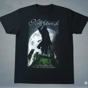 Черна метъл тениска Nightwish - 7 Days to the Wolves с мистична фигура, пълнолуние и глутница вълци