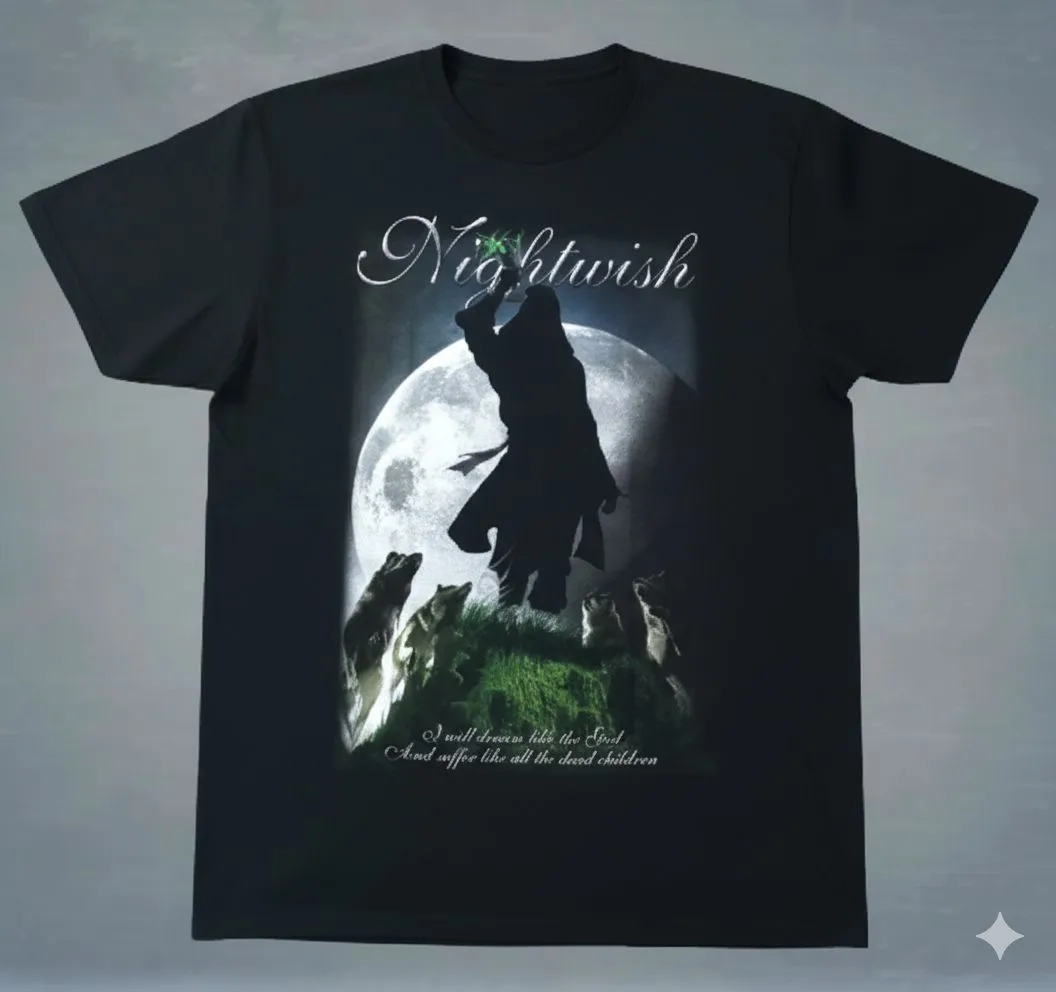 Черна метъл тениска Nightwish - 7 Days to the Wolves с мистична фигура, пълнолуние и глутница вълци