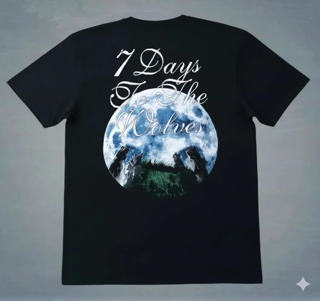 Гръб на метал тениска Nightwish с надпис 7 Days to the Wolves и вълци под луна