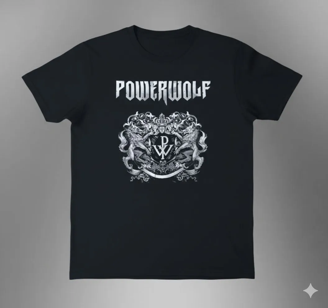 ерна метъл тениска Powerwolf Crest Logo с детайлен принт на вълчи герб