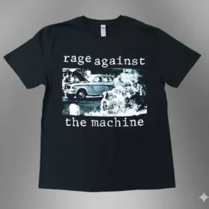 черна метъл тениска Rage Against the Machine с щампа на горящ монах и кола