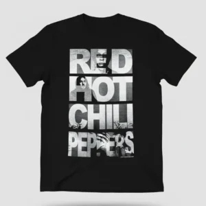 черна рок тениска Red Hot Chili Peppers с типографска щампа и портрети