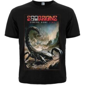 Черна рок тениска Scorpions с голяма цветна щампа на скорпион в пустинен пейзаж и червено лого