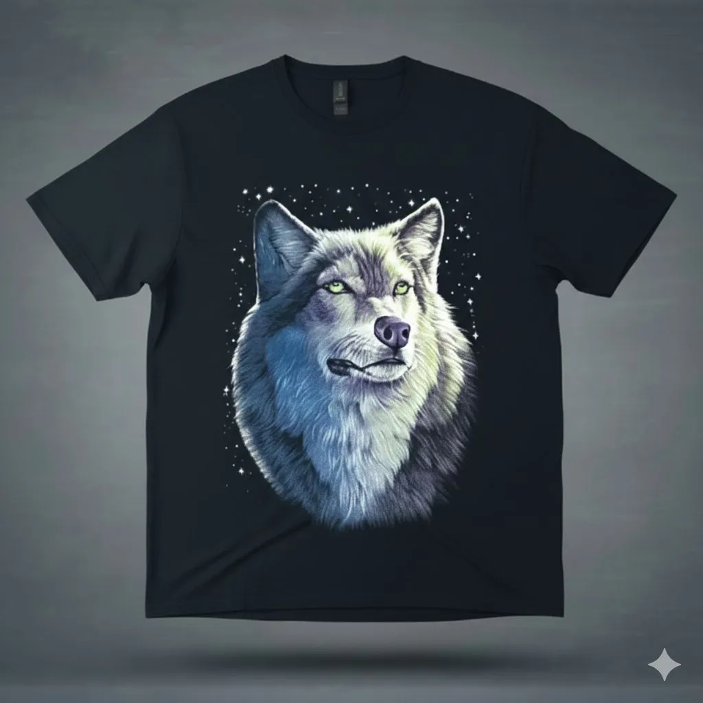 Лице на мъжка черна тениска с вълк Wolf Star Night и арт щампа със звезди