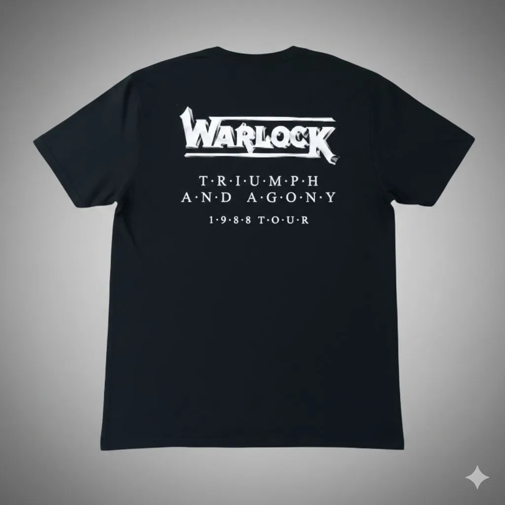 ръб на черна тениска Warlock с надпис 1988 Tour и списък с градове