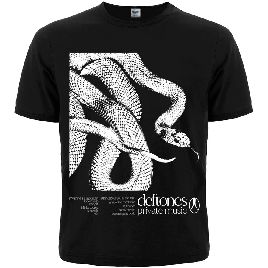 метъл тениска Deftones Private Music - Черна памучна тениска Deftones с голяма бяла щампа на змия отпред